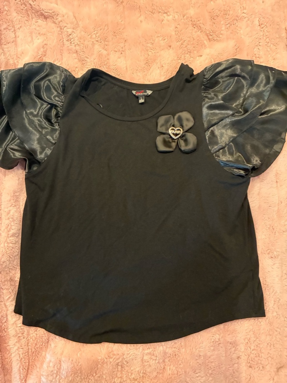 Black Puff-Sleeve Blouse with Satin Flower Accent